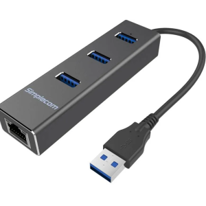 Simplecom CHN410 USB-A to 3 Port USB-A HUB with Gigabit Ethernet Adapter - Black
